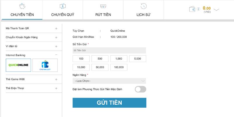 Chuyển khoản online nạp tiền W88 ngay tại nhà